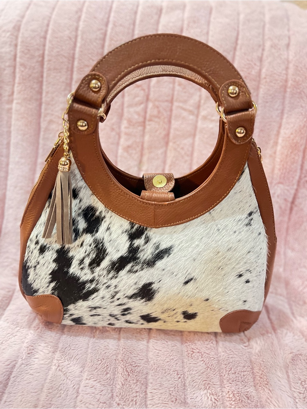 Tan Leather Shoulder Bag with Black & White Haircalf Front NWOT